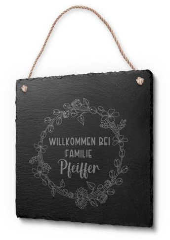 Schöne Schiefer Türschilder für die Haustür mit Gravur | Schiefer-Schild mit Kordel zum Aufhängen in ca. 20x20 cm gravierte Namensschilder Klingelschilder mit Namen oder Texten Herzlich Willkommen