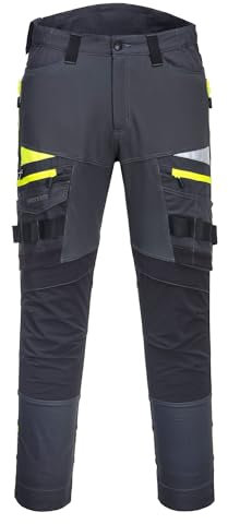Portwest DX449 Mens Slim Fit Work Trousers - Durable Construction Work Hi Vis Cargo Trousers with Stretch Fabric and Knee Pad Pockets Metal Grey, 38