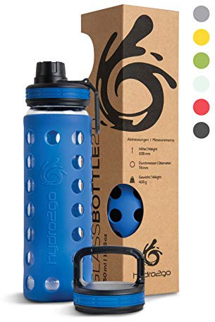 hydro2go Glas-Trinkflasche mit Silikonhülle – Spülmaschinenfest, 2 Wechseldeckel, 100% Auslaufsicher & BPA-frei – Ideal für Kinder, Büro, Fitness, Yoga, Sport & Outdoor (Navy Blue 2.0) – 550 ml