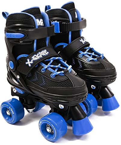 M.Y X-Skate Adjustable Blue Quad Roller Skates with Built In Adjusters Kids Roller Boots for Boys & Girls - Small