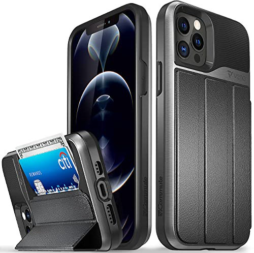 VENA vCommute Wallet Case Compatible with Apple iPhone 12 / iPhone 12 Pro (6.1-inch), (Military Grade Drop Protection) Flip Leather Cover Card Slot Holder with Kickstand - Space Gray