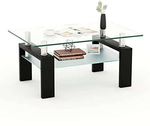 Mesa de centro rectangular de cristal, mesas de centro de cristal para sala de estar, mesas transparentes para oficina en casa u ocasiones de ocio, mesa de cóctel rectangular, patas de metal, color