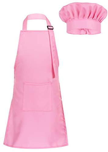 LiiYii Enfant Unisexe Tablier Déguisement Chef Uniforme Cuisinier Combinaison Tablier Ajustable avec Poche Chapeau de Chef Vêtement Carnaval Jeu de Rôle S-L Rose M