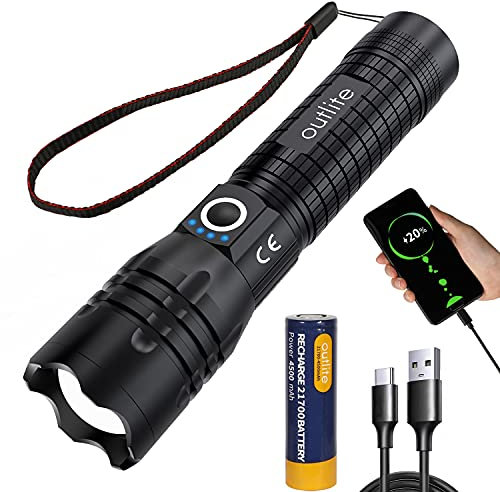 outlite Taschenlampe, Extrem Hell 10000 Lumen LED Taschenlampe Aufladbar USB mit wiederaufladbarem 21700 Akku (enthalten), Zoomfähige Taktische Taschenlampe mit 5 Lichtmodi