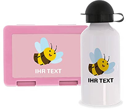 STEMPEL-FABRIK Lunchbox Pink und Trinkflasche mit Design - Biene - Personalisiertes Geschenk - Set - Brotzeitbox - Brotbox und Wasserflasche für Kinder - Einschulungsgeschenke - Kindergarten