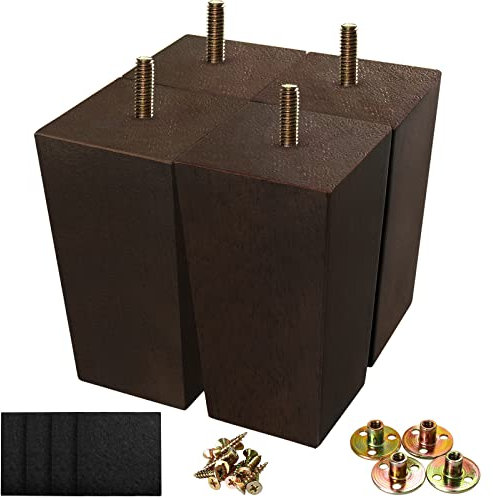 KOIKEY 15cm Square Wooden Sofa Legs, 5/16' Solid Wood Furniture Replacement Feet for Couch, Chair, Coffee Table, Cabinet, Walnut Colour Set of 4