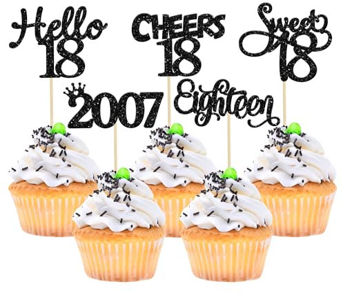 Gyufise 30 Pack Black Glitter 18th Birthday Cupcake Toppers Hello Sweet 18 Sixteen Since 2007 Cupcake Picks for Cheers to 18th Birthday Party Cake Decorations Supplies