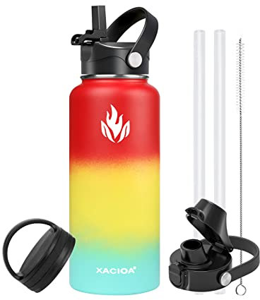 XACIOA Gourde Isotherme 1L bouteille isotherme en acier inoxydable avec couvercle en paille, anti-fuite, tasse isotherme de voyage à double paroi sans BPA, garde au chaud et froid