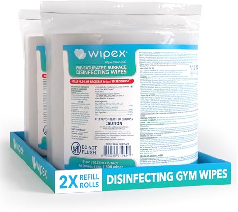 Wipex Disinfecting Wipes for Workout Equipment - EPA Registered Antibacterial Wipes for Commercial Gym, Studios and Fitness Surfaces - Commercial Refill Rolls for Dispensers, 800 Count, Pack of 2