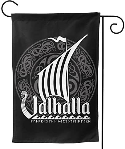 Gartenflagge für den Außenbereich, 30 x 45 cm, antikes skandinavisches Wikingerschiff, dekoriert mit Drachenkopf und Valhalla-Inschrift Druck, Heimdekoration, saisonales Hofschild, Banner