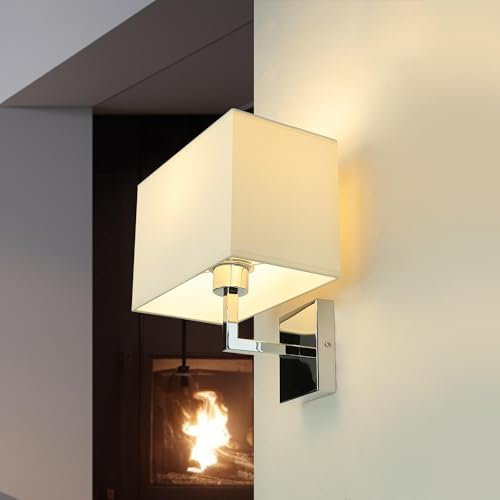 Licht-Erlebnisse Wandlampe Schlafzimmer Bett, Nachttischlampe Wand, blendarm, Stoffschirm, Weiß, Metall, verchromt, B:26 cm, eckig, Wandleuchte E27, Hotel, Wandleuchte Innen