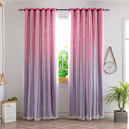 Yancorp Kindervorhänge für Mädchen, Schlafzimmer, Prinzessin-Vorhänge für Tochterzimmer, 160 cm, lange Sternvorhänge mit Raffhalter und 3 Fliegen (Rosa Lila, B 86 x L 63), 1 Panel