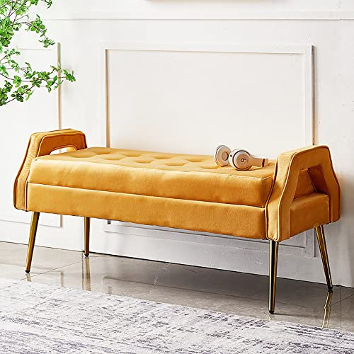 Luxuriöse Ende Des Bettes Sitzbank Mit Goldene Beine,Schlafzimmer Bank Samt Gepolstert Sitz Der Bank,Bequem Sitzhocker Sitzbank Multifunktions Eingangsbereich Schuhbank-Gelb 100x46x55cm(39x18x22inch)