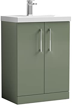 nuie ARN803A Arno Modern Bathroom Floor Standing 2 Door Vanity Unit with Mid-Edge Ceramic Basin, 600mm, Satin Green