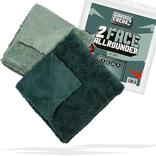 Garage Freaks Auto Mikrofasertuch 2er Pack - 2 Face Allrounder 40x40cm, 450 GSM, Universal Autotuch für Innen & Außen, mit Zwei verschiedenen Seiten, 1x hellgrün & 1x dunkelgrün - 2er Set