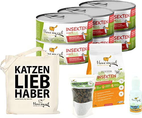 I Love My Cat Sparset für Perserkatze Hochwertige Getreidefreies Nassfutter 6 x 100 g und Trockenfutter 1,2 kg und Soft-Snacks mit Insekten 50 g und Pflege Augenpflege 30 ml