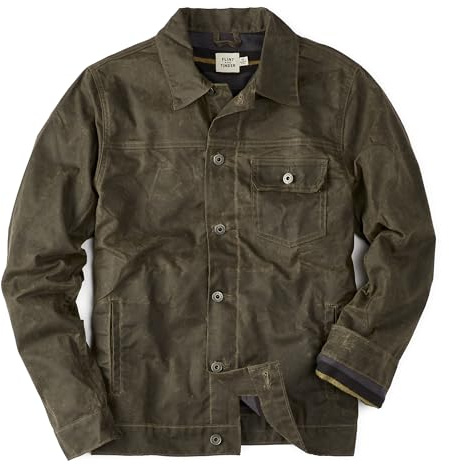 Huckberry Flint and Tinder Men's Flannel-Lined Waxed Trucker Jacket, Water & Weather Resistant Mens Jacket (US, Alpha, Large, Regular, Regular, Forest, Regular Fit)