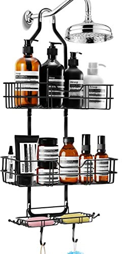URMI Shower Caddy Hanging, 3-Tier Bathroom Storage Organiser, Over Head Stainless Steel Shower Shelf with Soap Dish and Hooks, Rustproof Shampoo Holder, Black