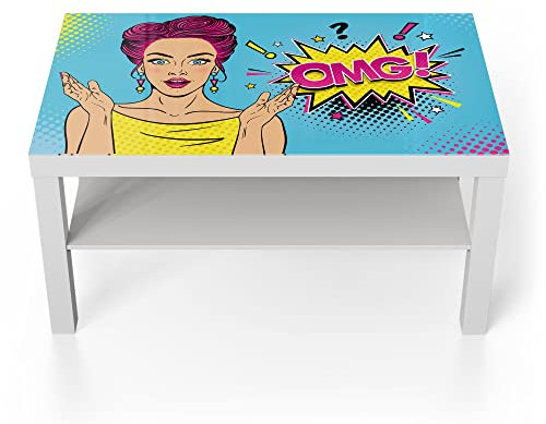 DEQORI Glastisch | weiß groß 90x50 cm | Motiv Comic-Frau erstaunt: OMG | ausgefallener Beistelltisch aus Glas | Hochglanz Couchtisch fürs Wohnzimmer | moderner Couch Tisch mit Design