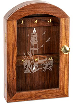 NKlaus Maritim Schlüsselkasten mit Glasfront Leuchtturmmotiv aus Natur Holz 25x16x6cm 11712