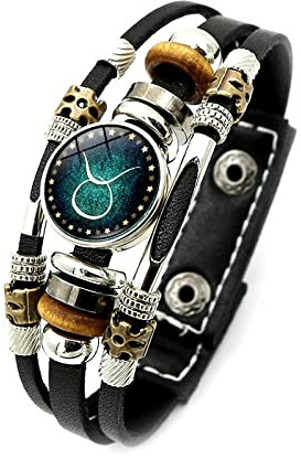 LODMLOER Luminous 12 Constellation Bracelet - Layered Vintage Black Punk Leather Bracelet Zodiac Sign Bracelet,Gemini Cancer Leo Virgo Snap Button Bracelet Bangles For Men