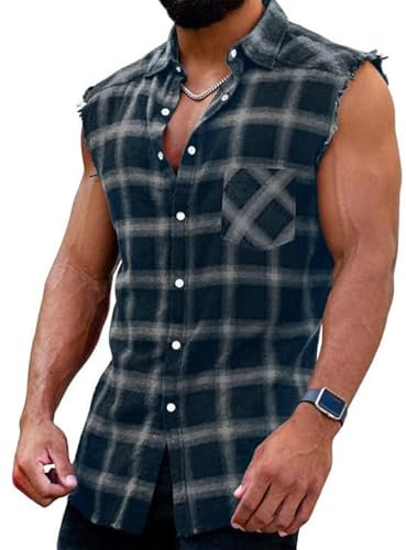 Chemise à carreaux sans manches / manches longues pour homme - Chemise à carreaux - Coupe droite - Chemise en flanelle - Chemise en coton - Chemise de loisirs avec poches, A : noir et bleu, XL