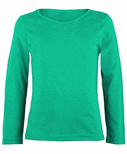 Generation-Plus+® Girls Boy Kids Plain Basic Long Sleeve Round Neck T-Shirt Stretch Uniform PE School Tee Top (Jade Green, 13 Years)
