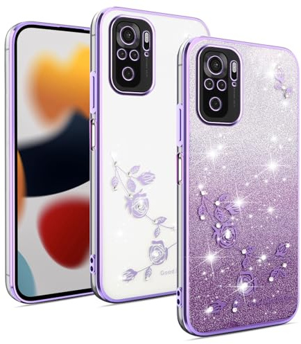 XINYEXIN Funda Glitter para Xiaomi Redmi Note 10 4G/10S 4G | Carcasa Transparente Floral, TPU Antigolpes, Antiamarilleo, Detalles de Strass, Diseño Delgado, Viola
