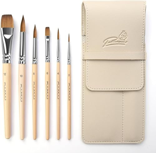 Fuumuui Pinceaux Aquarelle de Voyage Professionnel - 6 Pinceaux d'artiste en Cheveux Naturels avec étui en Cuir pour Aquarelle | Écoulement régulier et Excellente Absorption | Pinceau Poil Martre