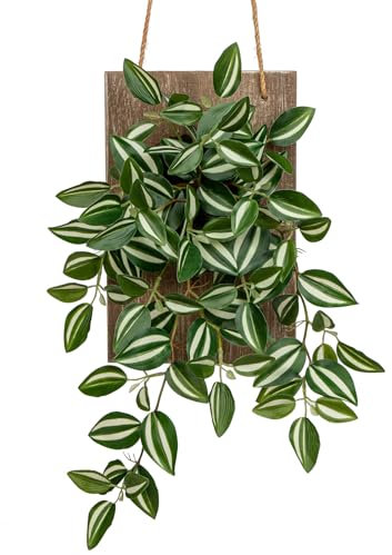 Briful Kunstpflanze Wie Echt Künstliche Tradeskantie Hängepflanze Dekopflanze mit Holzplatte, Höhe 84 cm, für Wand, Veranda, Café, Treppe, Garten Haus Dekoration