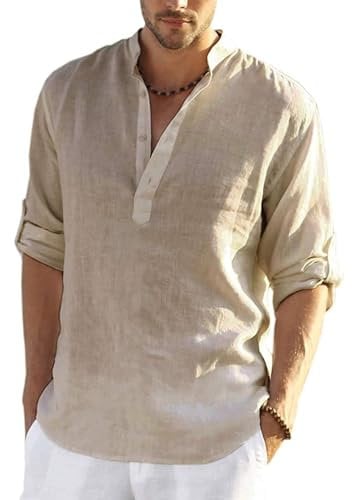 COOFANDY Men's Linen Henley Shirt Cotton Summer Long Sleeve Hippie Casual Beach T Shirts M