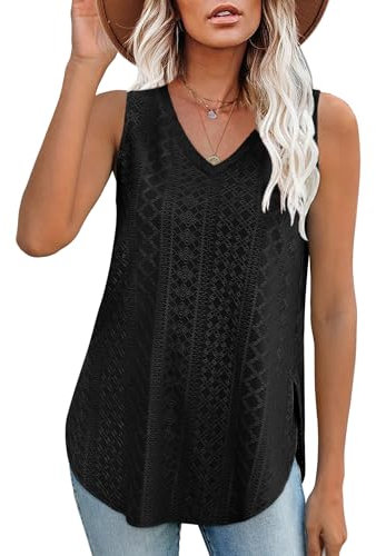 Aokosor Ladies Tops for Women UK V Neck Vest Summer Sleeveless Clothes Casual Side Splits Tank Black Size 10-12 M