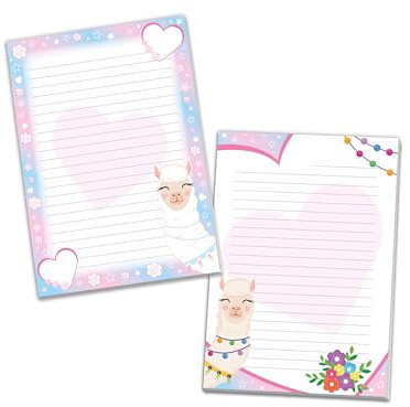 2 Motiv Schreibblöcke A5 Briefpapier liniert für Mädchen Kinder Schule Lama Alpaka rosa Herz (1 Block bunt und 1 Block zum Ausmalen A5 mit je 25 Blättern)