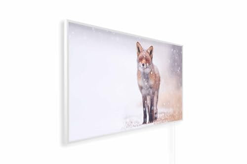 Könighaus Infrarotheizung – 4 Jahreszeiten – TÜV SÜD - 600 Watt + Könighaus Thermostat - Weißer Rahmen (Winter Motiv: 04. Rotfuchs)