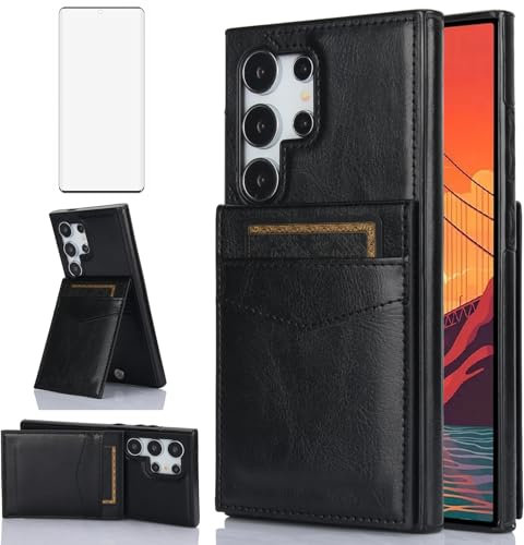 Asuwish Handyhülle für Samsung Galaxy S24 Ultra 5G Hülle mit Glas Folie Schutzfolie Kartenfach Klappbar Leder Geldbörse Ständer S24Ultra 24S S 24 24Ultra Handy Hüllen Schutzhülle Phone Case Schwarz
