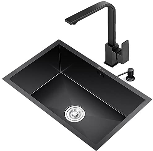 Rechteckige Spüle für die Küchenbar, schwarzes Einzelbecken-Edelstahlspülbecken mit Sieben-Zeichen-Wasserhahn und Ablaufgarnitur, Aufsatz- oder Unterbaumontage