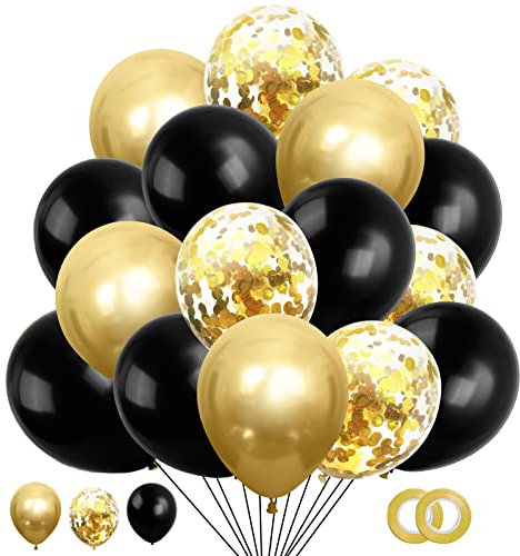 60 Stück Luftballons Schwarz Metallic Gold, Ballon Metallic Gold Schwarz, Schwarz Metallic Gold Konfetti Luftballons, Helium Luftballons für Geburtstag Hochzeit Graduierung Party Dekoration