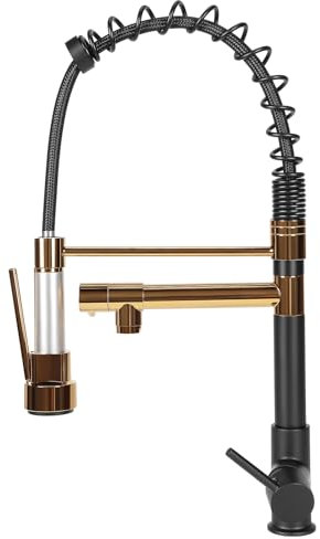 EGTink Robinet Cuisine,Mitigeur Cuisine Robinet avec Douchette Extractible pivotant à 360°d'Évier à Arc Élevé Pulvérisateur Escamotable 2 Modes,Noir+Or