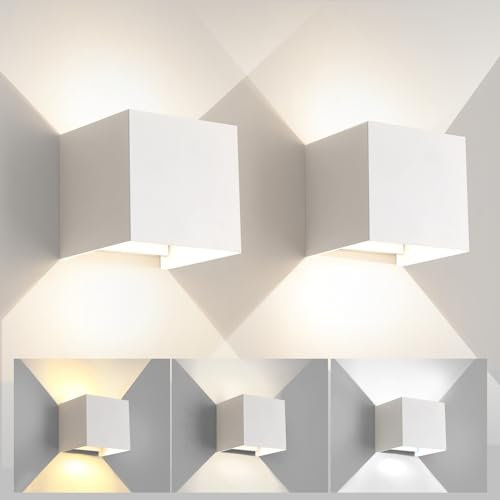FUPE 2 Stück Wandleuchte Aussen Innen Einstellbare 3 Lichtfarben LED Wandlampe Aussen Außenwandleuchten Modern Weiß 6W IP65 Wasserdicht quadratisch Aluminium Wandleuchte Passen Sie den Lichtwinkel