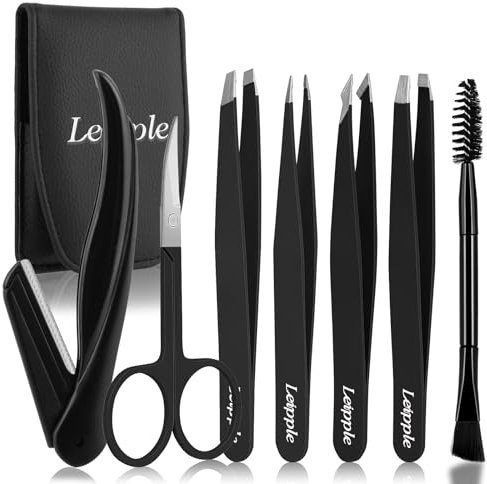 Pince a Epiler 7Pcs Pour Femmes & Hommes-Pince à épile de Précision Avec étui de Voyage-Pince à épiler en Acier Inoxydable Pour les Sourcils Avec Ciseaux,Rasoir,Miroir Pour les Cheveux Incarnés (Noir)