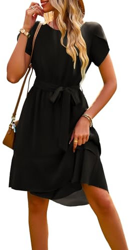 IFFEI Sommerkleid Elegante Kleider Damen Damen Leicht Boho Blumenkleider Kurz Rüschen Strandkleid mit Gürtel Schwarz M