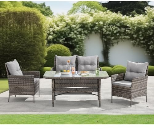 EVRE Brown Florence Garden Rattan Furniture Set 4 Piece Seat 1 Sofa 2 Chair Dining Outdoor Conservatory Wicker Weave Lounge Sofa and Glass Top Table with Cushions