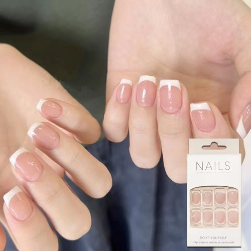French False Nails, Short Square Tip Stick on Nails, White Pink Press on Nails, 24PCS Full Cover Classic Elegant Nail Tips Fake Nails with Glue - Nail Art Accessories for Women Girls