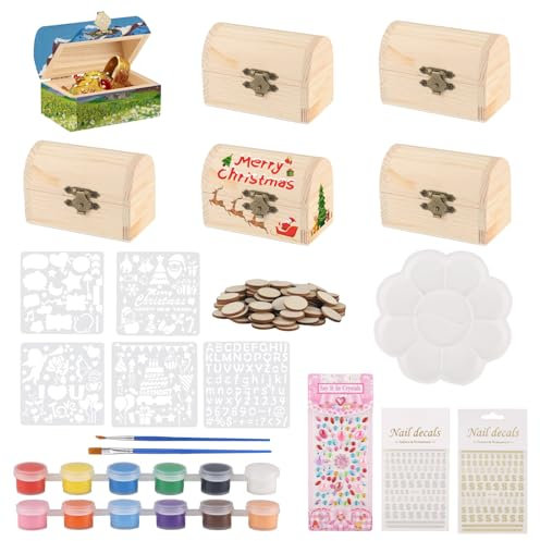 6 Stück Mini Schatztruhe Kindergeburtstag, Holz Schatzkiste kindergeburtstag Basteln, Holzkiste mit Deckel Bastel, Kleine Holzkästchen für Bemalen Basteln Piratenparty Geburtstags (9x5.3x6cm)