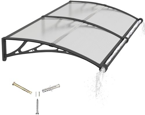 Pensilina da Esterno 100x200 cm in Policarbonato con Grondaia Integrata, Baldacchino Tettoia per Porta, Finestra e Veranda, con Protezione UV, Antipioggia e Antineve