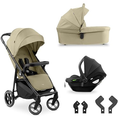 hauck Shop N Care Trio Set, Olive - Lightweight Pushchair (only 8.5 kg) Travel System with Pram Unit & i-Size Car Seat from Birth, Snack Tray, Cup Holder & Raincover, Fully Reclining up to 22 kg