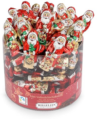 Riegelein Massiv-Weihnachtsmänner in Dose, 525g (70 Stk.) – Fairtrade Vollmilchschokolade einzeln verpackt – Ideal für Adventskalender, Nikolaus & Weihnachten – Schokonikolaus klein