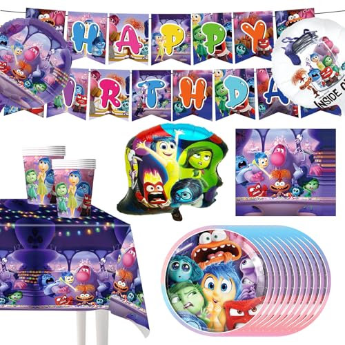 45P Inside Cumpleaños Fiesta Decoraciones, In-side Out Party Tableware Set, con Platos de Papel Tazas Servilletas Mantel Pancarta y Globos de Carácter Insisde,Decoración de Mesa de Cumpleaños Infantil