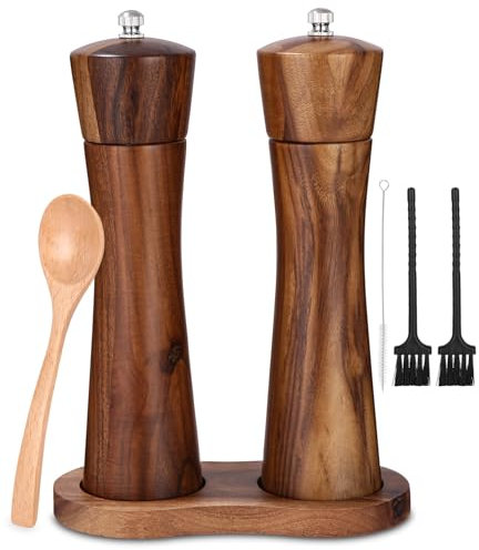 Salz und Pfeffermühle Holz 2er Set, Gewürzmühle mit Keramikmahlwerk, Salz und Pfefferstreuer mit untersetzer, pfeffermühle peugeot, Verstellbarem für Gewürze Pfeffer Salz 2er Set 21.5 cm