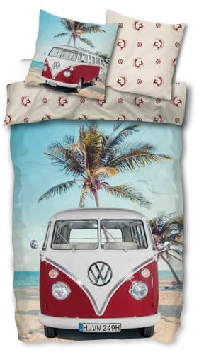SkyBrands Volkswagen Wendebettwäsche VW Bulli T1 Palmen Rot Surfen Strand Sommer Renforcé, Größe:135 cm x 200 cm